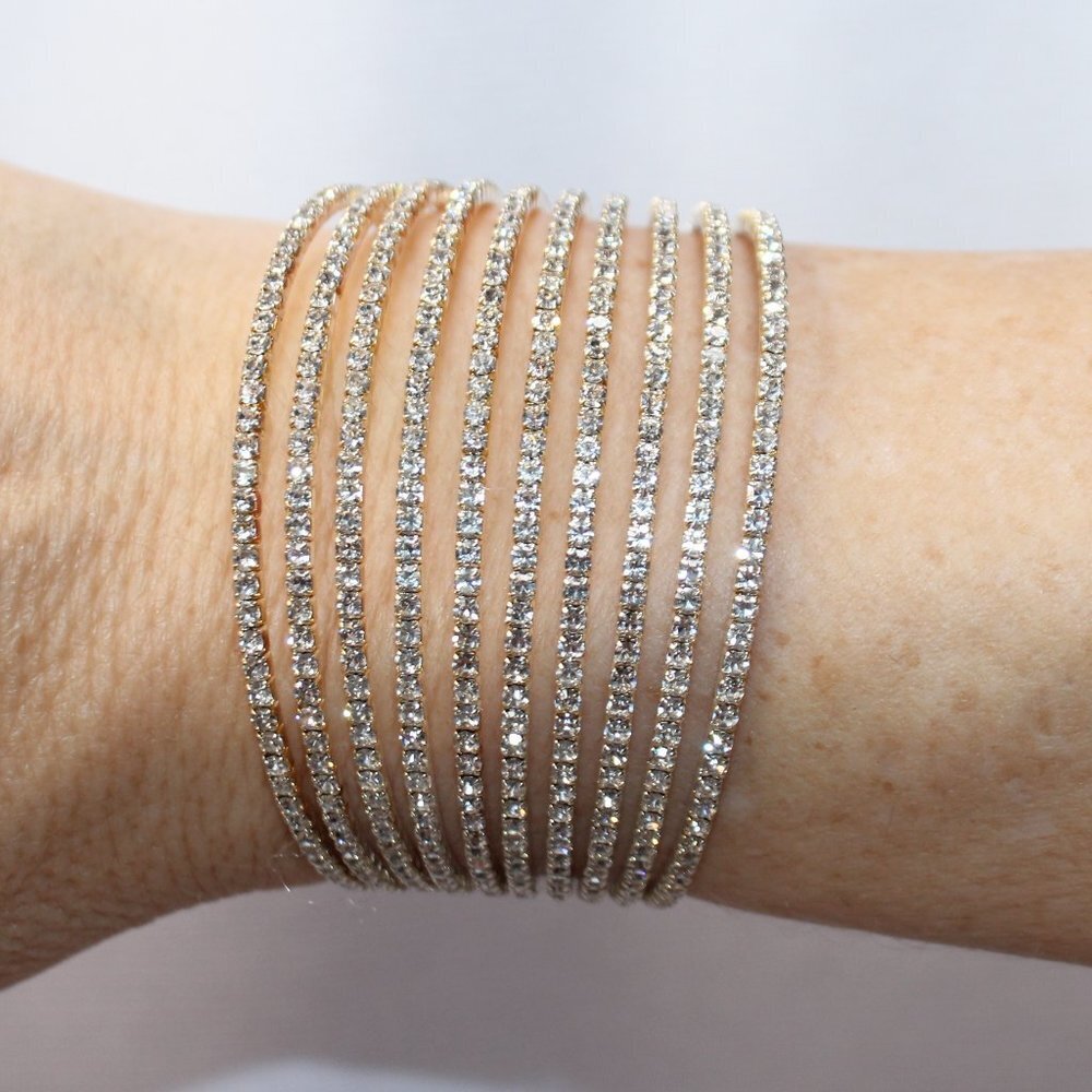 Layered 10 Row Rhinestone Cuff Bracelet - Picture 7 of 9
